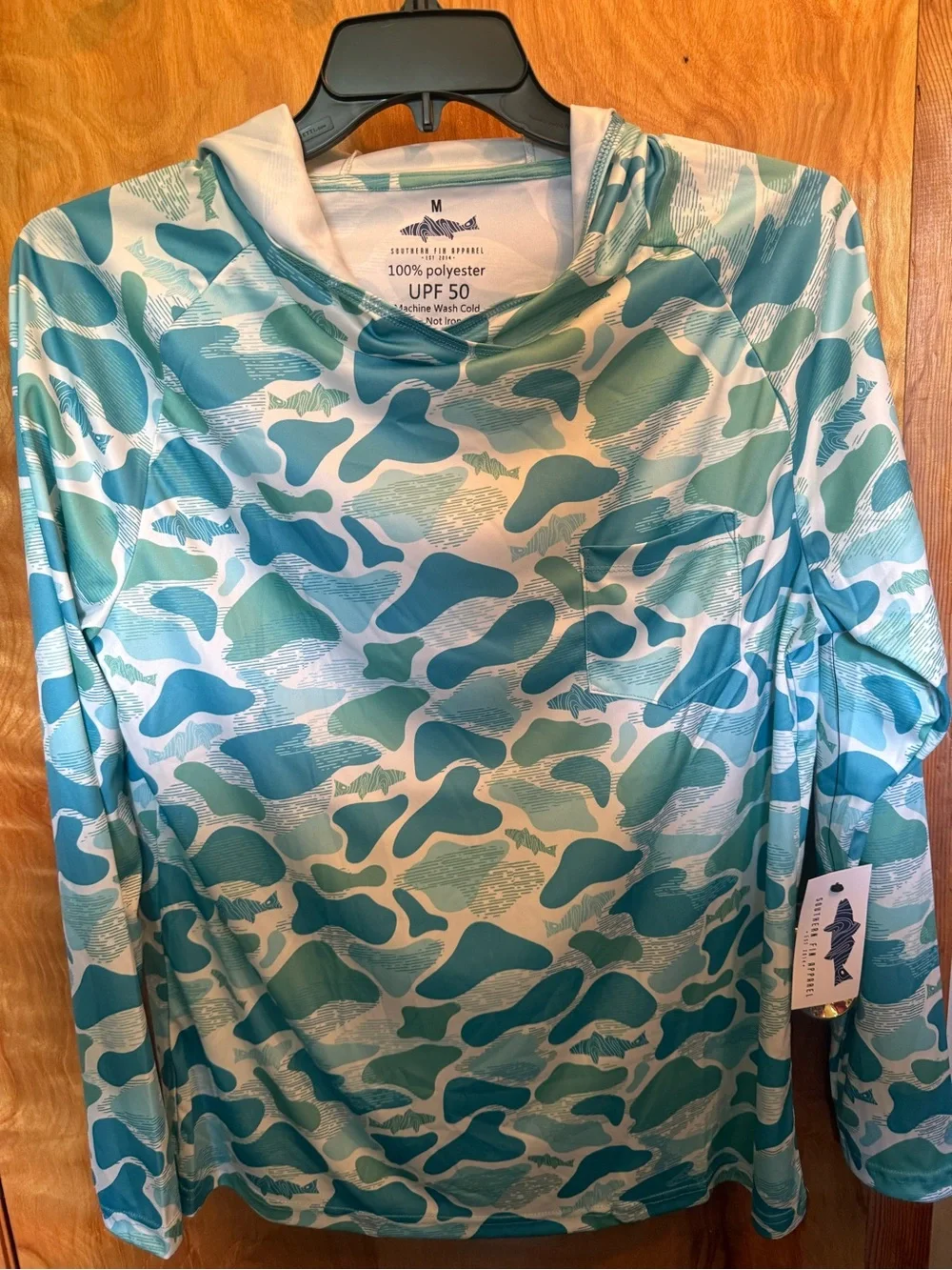 Southern Fin Lightweight Hooded Fishing Shirt Teal & White Abstract Print medium